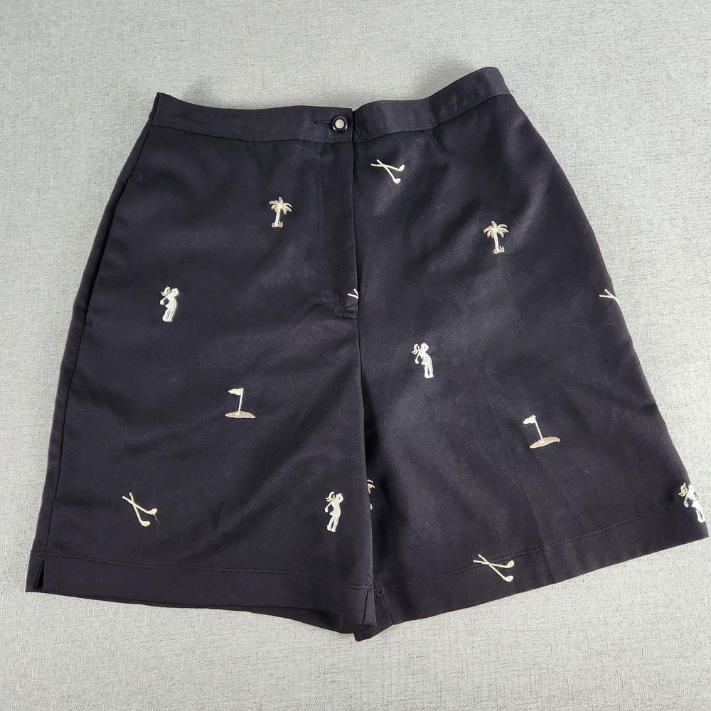 Coral Bay Golf Shorts Womens 6 Black Embroidered Palm Tree Golfing Novelty Print